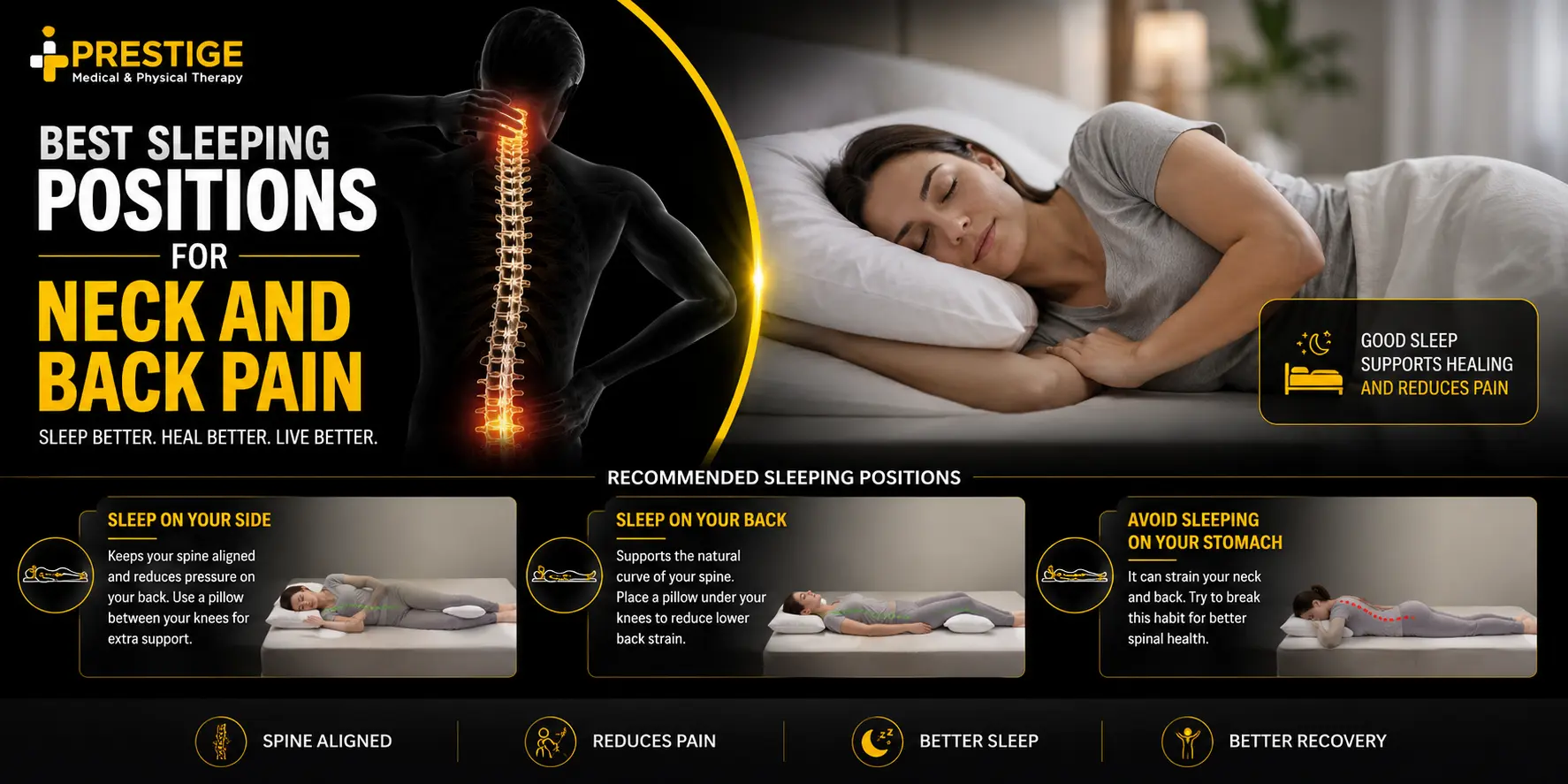Educational graphic showing recommended sleeping positions for neck and back pain, including side sleeping, back sleeping, and avoiding stomach sleeping.