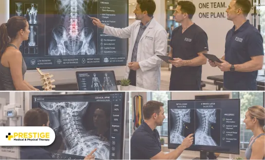 Medical therapy team reviewing digital radiography scans with a patient during a multidisciplinary care consultation